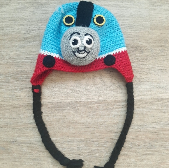 Handmade Thomas the Tank Engine Crochet Knit Ear Flap Hat - 20" Circumference - Picture 10 of 10